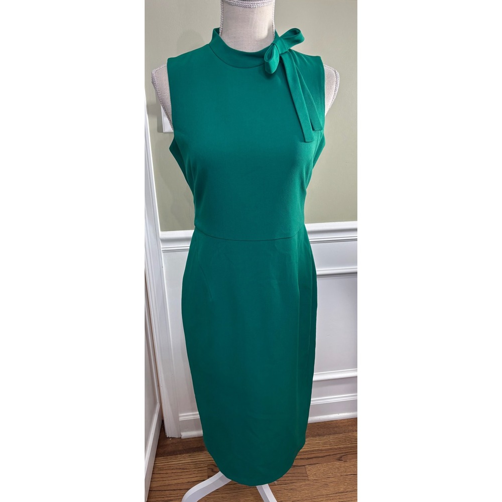 Maggy London Green Sleeveless Bow Neck Sheath Dress Size 6 Mock Neck Pencil
